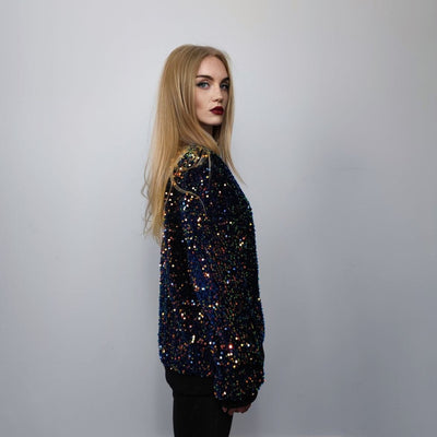 Sequin sweatshirt glitter top sparkle jumper party pullover glam rock long sleeve top embellished sweater going out tee in blue orange