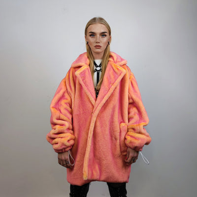 Neon faux fur jacket color changing bomber handmade detachable trench coat fluorescent fleece glowing festival mac in pink electric orange