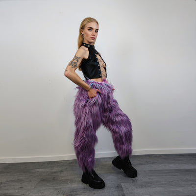 Shaggy faux fur joggers winter raver neon pants fluffy skiing trousers mountain fleece overalls festival bottoms burning man pants in purple