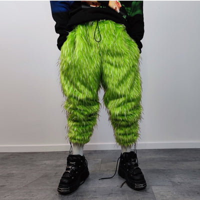 Shaggy faux fur joggers raver neon pants fluffy skiing trousers mountain fleece overalls festival bottoms burning man fuzzy pants in green