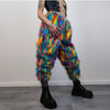 Disco faux fur joggers 70s raver pants fluffy psychedelic trousers ski fleece tie-dye overalls festival bottoms burning man pants blue pink