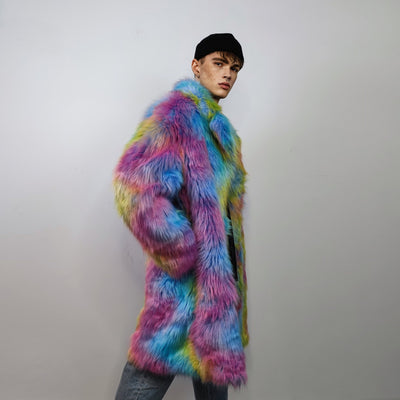 Rainbow Faux fur long coat unicorn trench neon raver bomber fluffy tie-dye fleece psychedelic festival jacket burning man going out coat