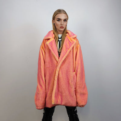 Neon faux fur jacket color changing bomber handmade detachable trench coat fluorescent fleece glowing festival mac in pink electric orange