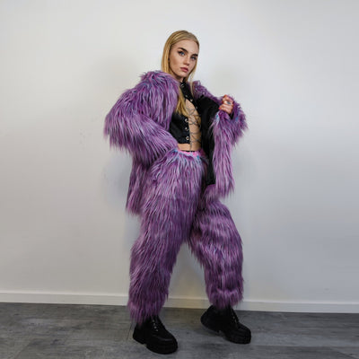 Shaggy faux fur jacket neon bomber bright raver coat fluffy puffer winter fleece luminous festival pullover burning man overcoat in purple