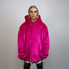 Hooded neon faux fur jacket shaggy bomber bright raver puffer fluffy fleece bright festival coat burning man overcoat in fuchsia pink