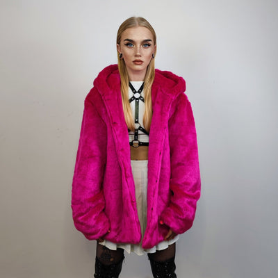 Hooded neon faux fur jacket shaggy bomber bright raver puffer fluffy fleece bright festival coat burning man overcoat in fuchsia pink