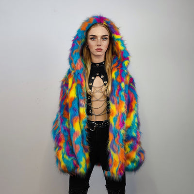 Hooded faux fur psychedelic jacket 70s bomber neon raver coat fluffy tie-dye fleece festival trench burning man going out overcoat blue pink