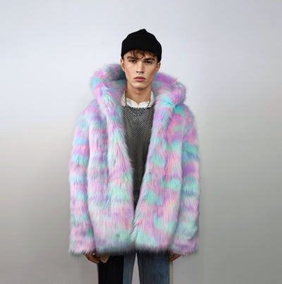 Hooded candy faux fur jacket unicorn bomber neon raver puffer fluffy tie-dye fleece psychedelic festival coat burning man party trench pink