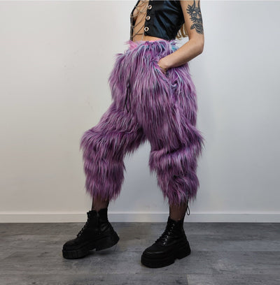 Shaggy faux fur joggers winter raver neon pants fluffy skiing trousers mountain fleece overalls festival bottoms burning man pants in purple