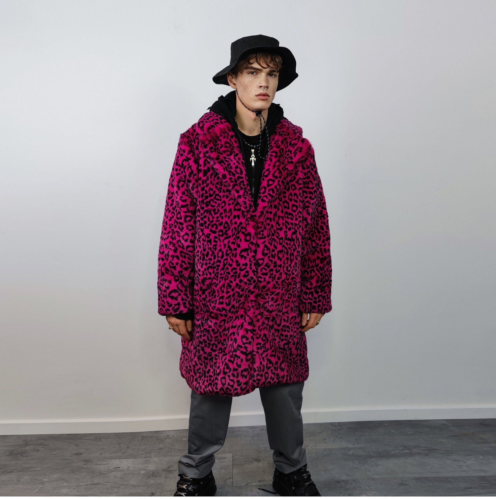 Faux fur long leopard coat animal print trench bright raver bomber flu Dark Harvest