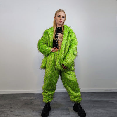 Shaggy faux fur joggers raver neon pants fluffy skiing trousers mountain fleece overalls festival bottoms burning man fuzzy pants in green