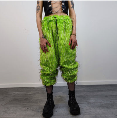 Shaggy faux fur joggers raver neon pants fluffy skiing trousers mountain fleece overalls festival bottoms burning man fuzzy pants in green