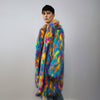 Faux fur long psychedelic coat 70s trench neon raver bomber fluffy tie-dye fleece disco festival jacket burning man going out coat blue pink