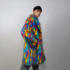 Faux fur long psychedelic coat 70s trench neon raver bomber fluffy tie-dye fleece disco festival jacket burning man going out coat blue pink