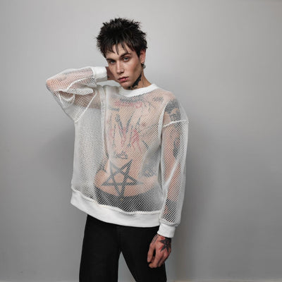 Transparent mesh top long sleeve sheer jumper net sweatshirt see-through punk jumper structured going out party t-shirt catwalk tee in white