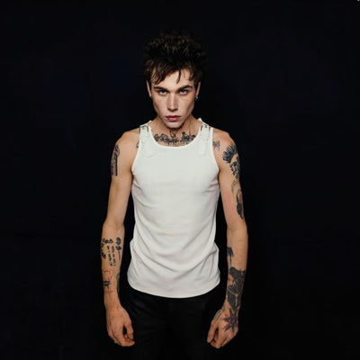 Buckle strap sleeveless top utility tank top rocker crew neck high fashion faux leather t-shirt grunge belt finish vest punk jumper in white