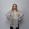 Sequin shirt glitter blouse shiny jumper long sleeve textured top embellished sweat party top button up retro festival top metallic silver