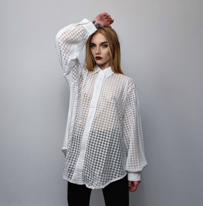Mesh shirt long sleeve transparent top dog-tooth blouse see-through oversize gothic top sheer sweatshirt floral crotchet jumper in white