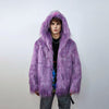 Shaggy faux fur jacket neon bomber bright raver coat fluffy puffer winter fleece luminous festival pullover burning man overcoat in purple