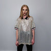 Sequin polo shirt embellished short sleeve glitter blouse metallic shiny party top grunge button up retro festival top in silver