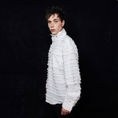 Shredded polo shirt distressed top Gothic turtleneck jumper utility blouse fringed punk top long sleeve tee in white