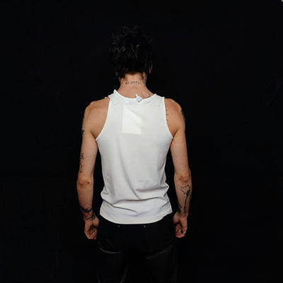 Buckle strap sleeveless top utility tank top rocker crew neck high fashion faux leather t-shirt grunge belt finish vest punk jumper in white