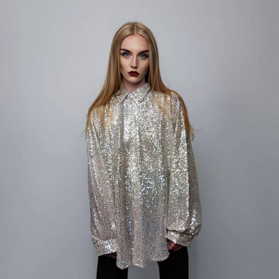 Sequin shirt glitter blouse shiny jumper long sleeve textured top embellished sweat party top button up retro festival top metallic silver