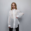 Mesh shirt long sleeve transparent top dog-tooth blouse see-through oversize gothic top sheer sweatshirt floral crotchet jumper in white
