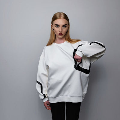 Utility sweatshirt big pocket gorpcore top thin long sleeve contrast jumper stripe finish Gothic sweater punk pullover in white