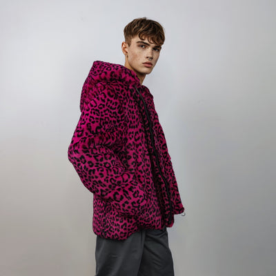 Hooded faux fur leopard jacket animal print bomber bright raver coat fluffy cheetah fleece festival puffer neon burning man overcoat in pink