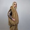 Golden faux fur jacket handmade detachable fluffy rave bomber metallic pattern fleece premium luminous top party coat in brown and gold