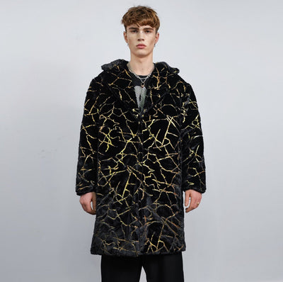 Golden foil long coat hooded metallic painted trench going out bomber detachable party fleece removable sleeves burning man jacket in black