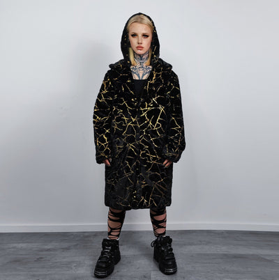 Golden foil long coat hooded metallic painted trench going out bomber detachable party fleece removable sleeves burning man jacket in black