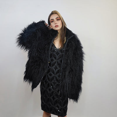 Shaggy faux fur jacket black long hair fluffy going out bomber party fleece fancy dress peacoat high fashion fuzzy Gothic coat rave puffer