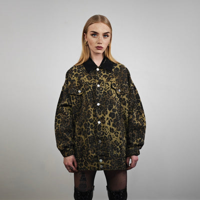 Leopard denim jacket animal print jean bomber glam rocker coat spot jacket cheetah overcoat in green black
