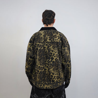 Leopard denim jacket animal print jean bomber glam rocker coat spot jacket cheetah overcoat in green black