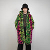 Neon leopard faux fur coat hooded festival jacket cheetah rave bomber fluorescent Burning Man fleece neon EDM overcoat carnival jacket green