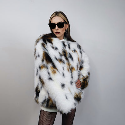 Spot print collarless faux fur coat leopard jacket shaggy animal overcoat fuzzy going out mink bomber party fleece fluffy catwalk peacoat