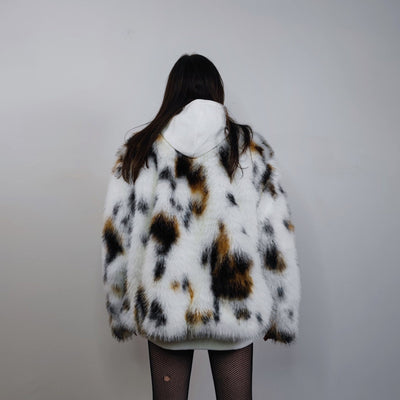 Spot print collarless faux fur coat leopard jacket shaggy animal overcoat fuzzy going out mink bomber party fleece fluffy catwalk peacoat