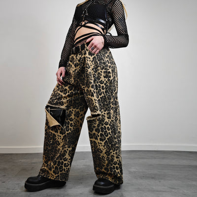 Wide leopard jeans ripped animal print pants denim cheetah joggers glam rock trousers unisex spot print jeans in brown black