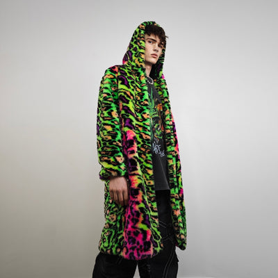 Neon leopard faux fur coat hooded festival jacket cheetah rave bomber fluorescent Burning Man fleece neon EDM overcoat carnival jacket green