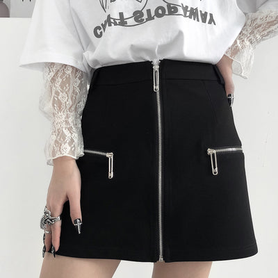 black high waist dark zipper a-line skirt