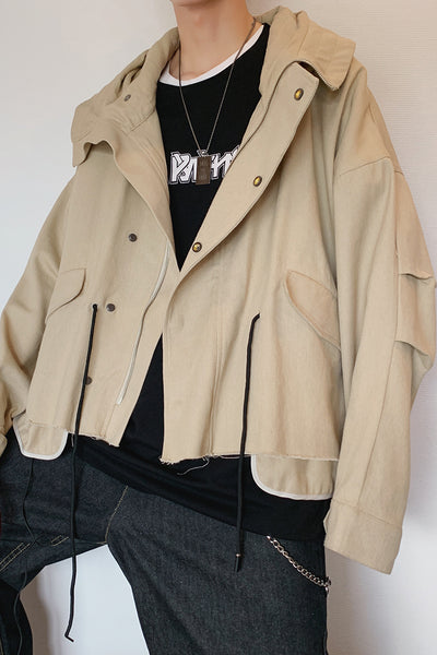 Loose fit Hooded zipper placket cropped thin drop shoulder biker jacket