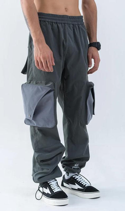 windbreaker fabric multi pocket cargo casual pants in grey