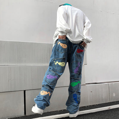 multi-pocket niche printed jeans