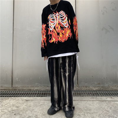 Flame & bones Printed Long Sleeve thin skull rave sweatshirt in two colors