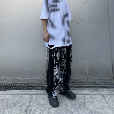 Stitched paisley print unusual Korean skater bandanna jeans in black