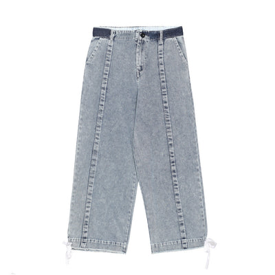 Wide leg raw finish middle stitch bleached straight fit jeans in blue