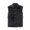 Sleeveless PU fake leather vest multi pocket biker jacket