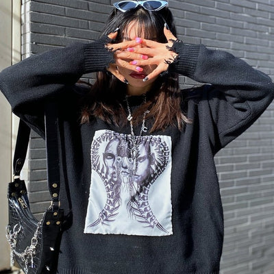 Dark cobra stitched print Cyberpunk ripped Loose Knitted girl Sweater